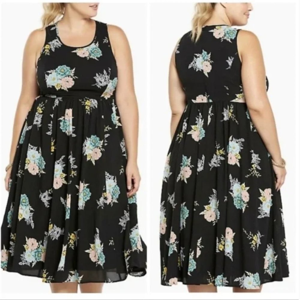 Torrid Georgette Midi Dress Black Floral Print Sleeveless Fit & Flare Size 18